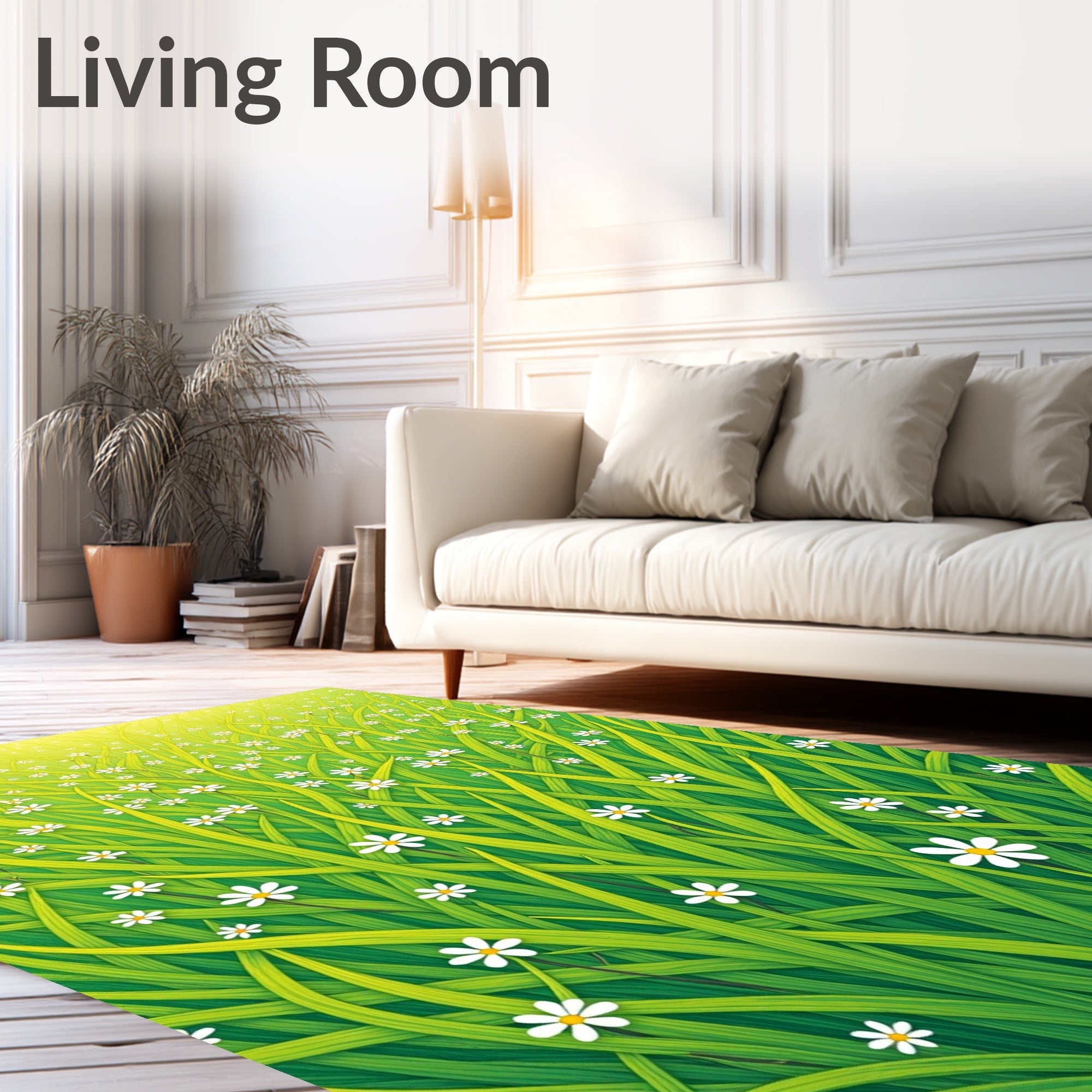 Green Grass And Daisy Fields Rug