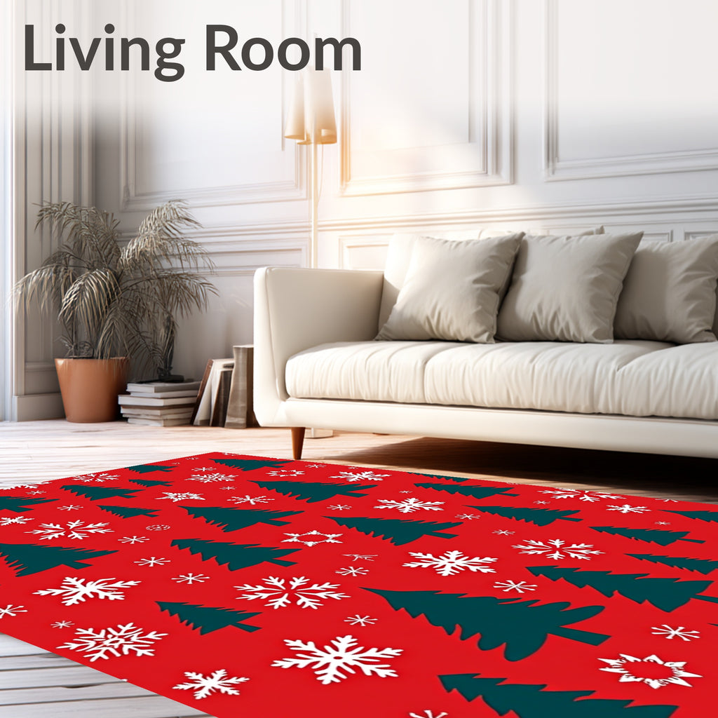 Festive Evergreen Trees Snowflake Pattern Rug