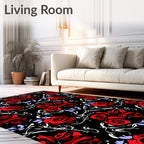 Dramatic Red Roses Black Floral Design Rug
