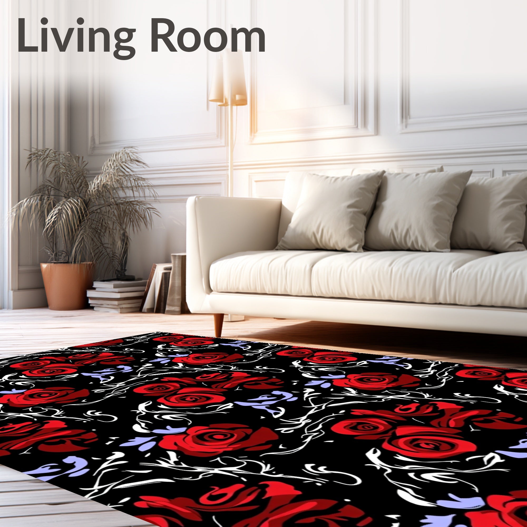 Dramatic Red Roses Black Floral Design Rug