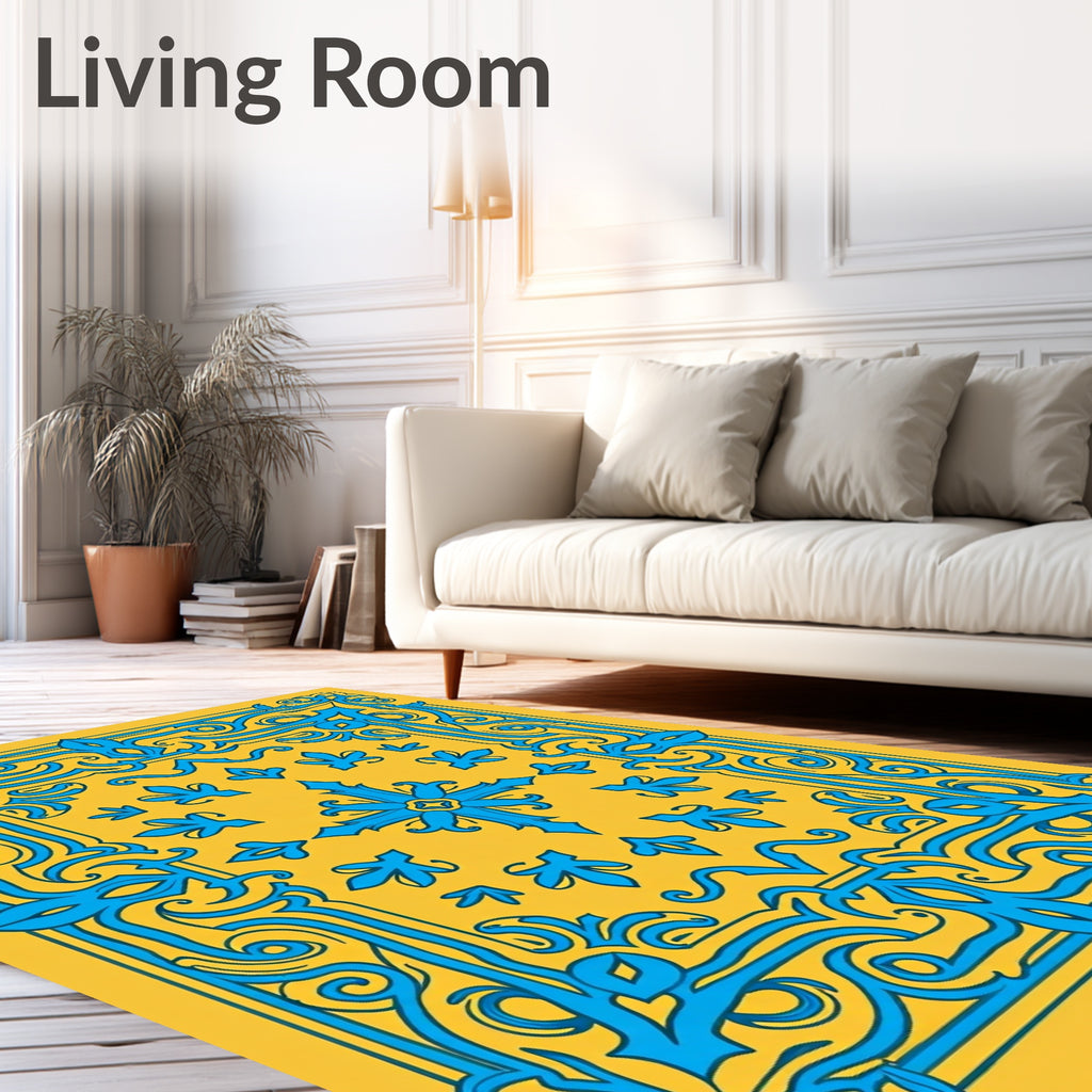 Ornate Blue Floral Yellow Pattern Rug