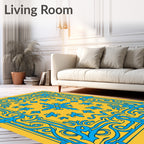 Ornate Blue Floral Yellow Pattern Rug