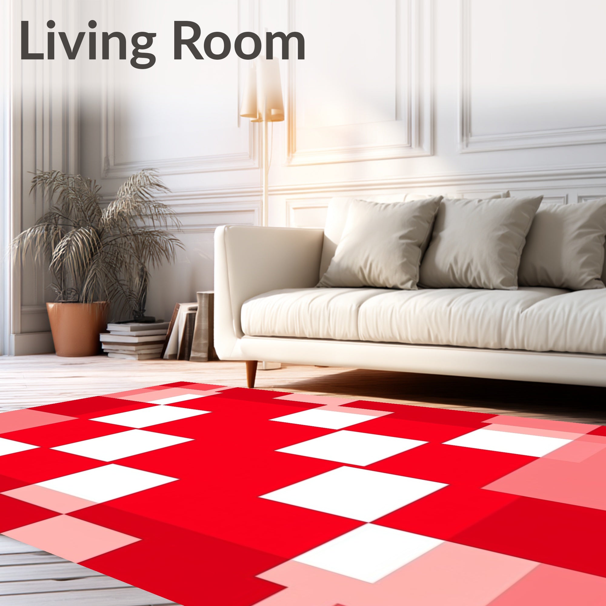 Red White Abstract Geometric Tile Rug