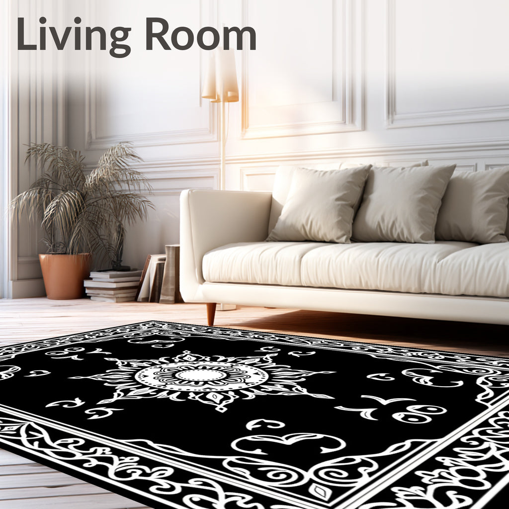 Intricate Black and White Mandala Pattern Rug