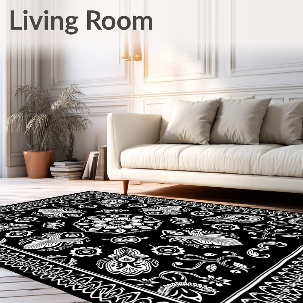 Black White Vintage Floral Crest Rug