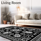 Black White Vintage Floral Crest Rug