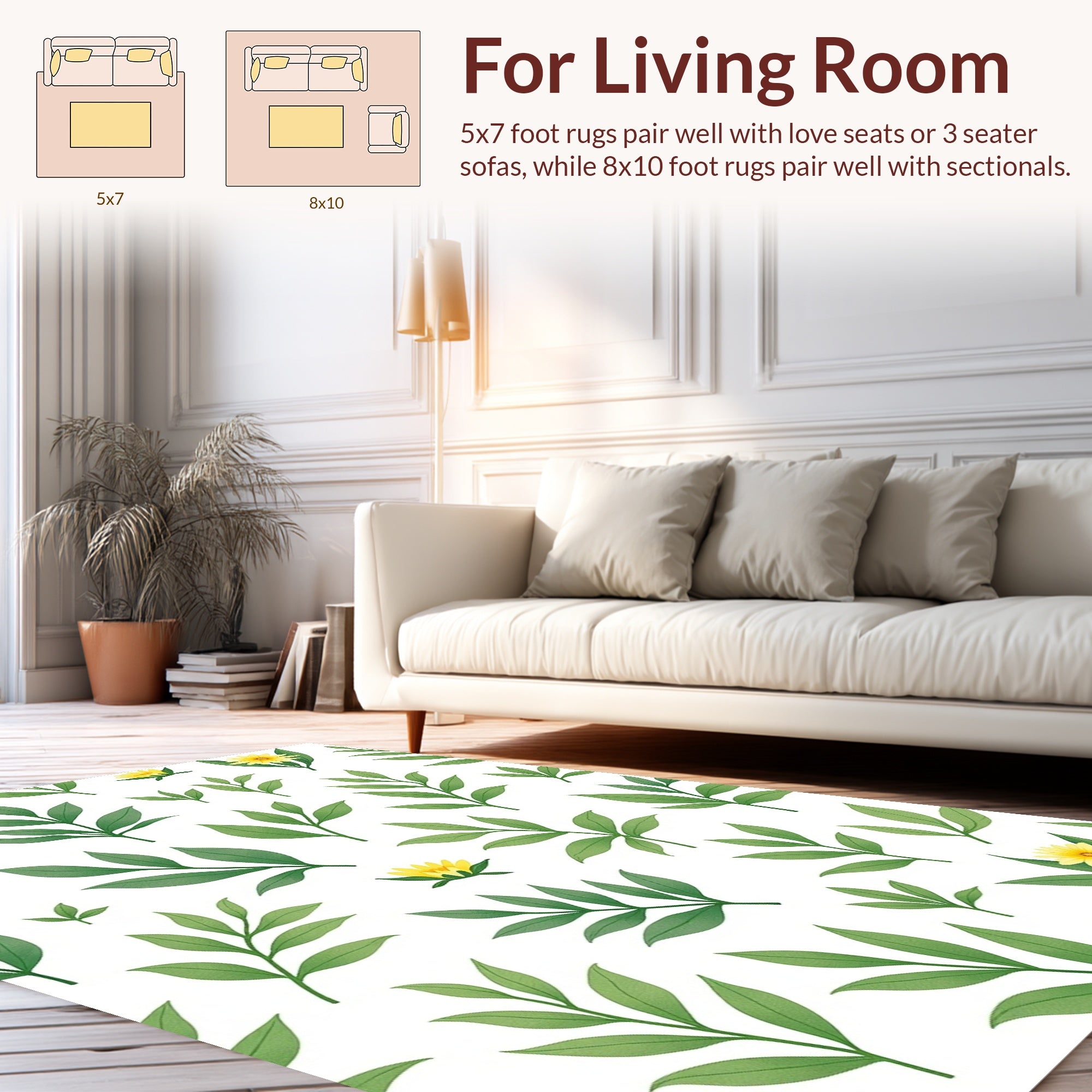 Yellow Flowers and Green Leaves Pattern Rug