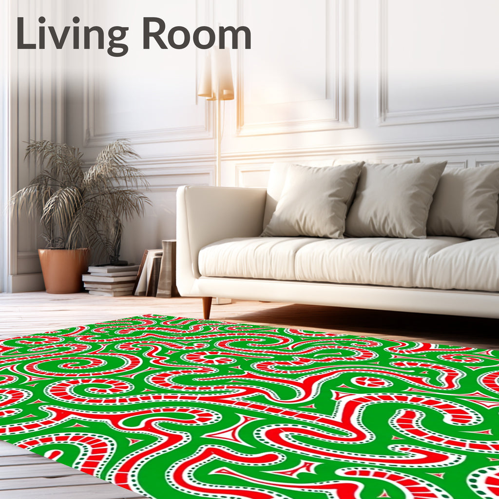 Lively Red Swirls Green Abstract Rug
