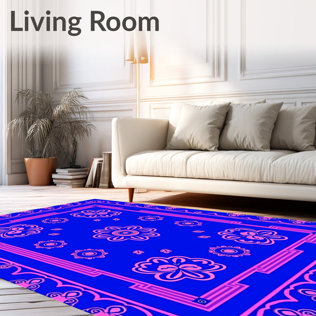 Vibrant Blue Pink Floral Pattern Rug