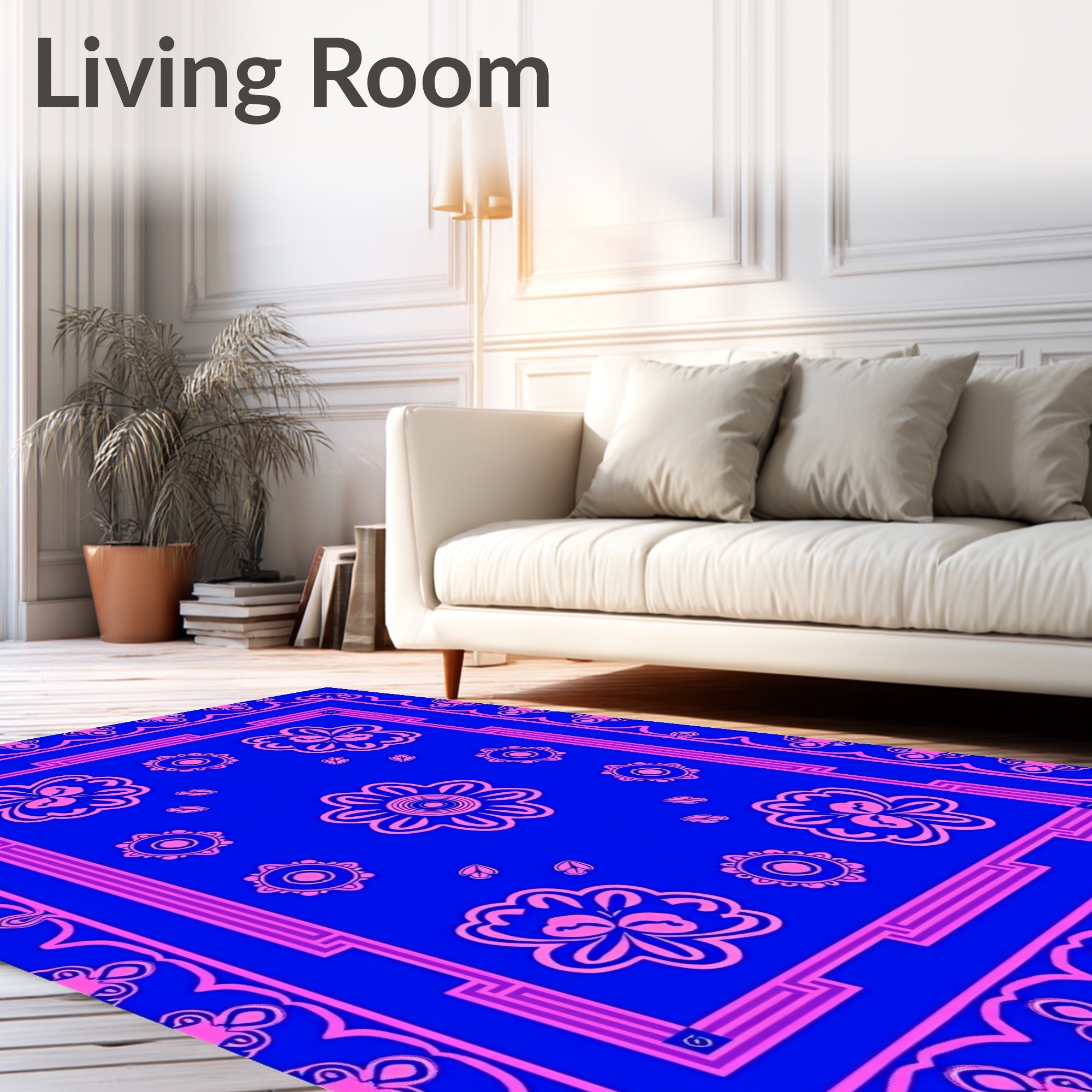 Vibrant Blue Pink Floral Pattern Rug