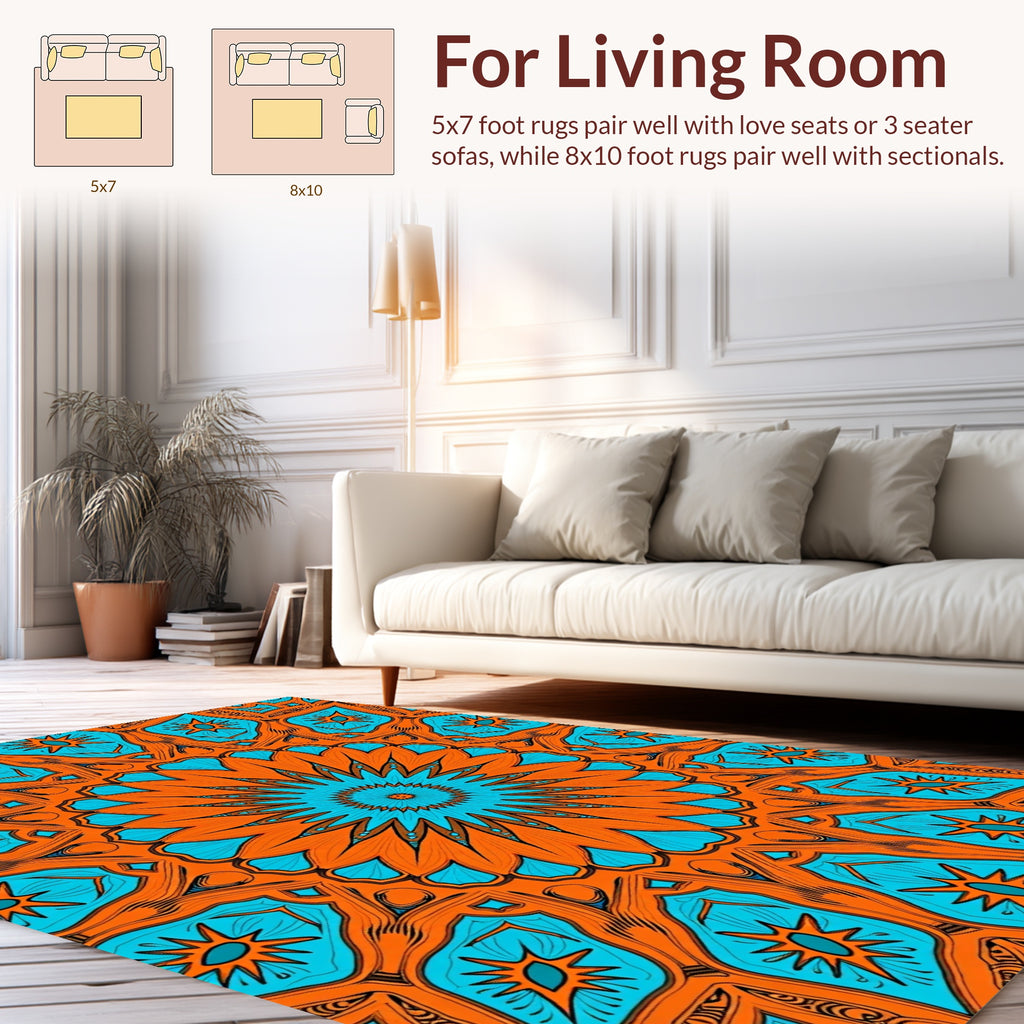 Bold Orange Blue Mandala Pattern Rug