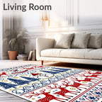 Red Snowman Deer Forest Borders Rug