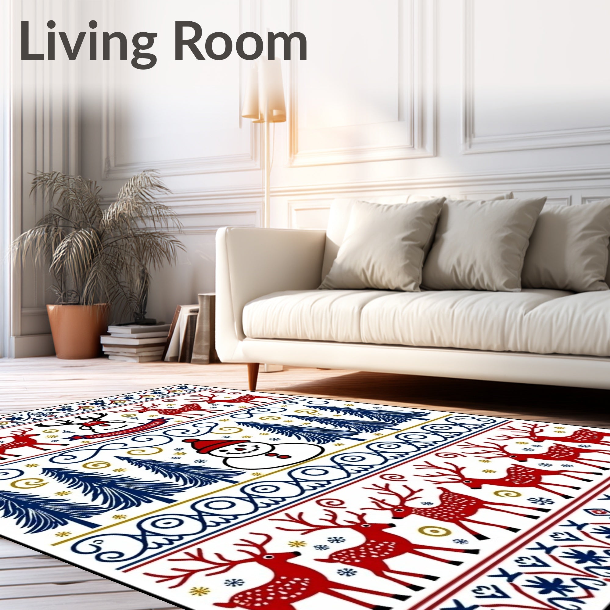 Red Snowman Deer Forest Borders Rug