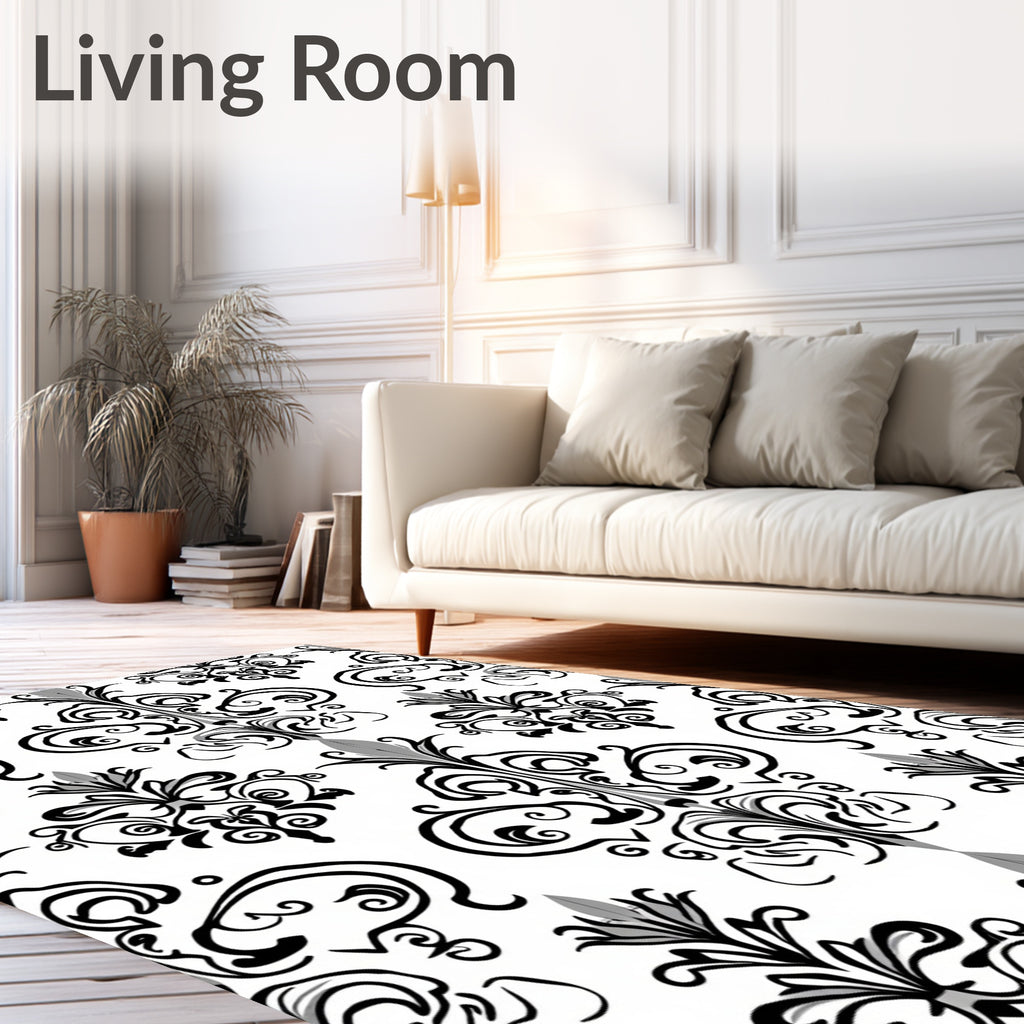 Classic Black and White Floral Damask Rug