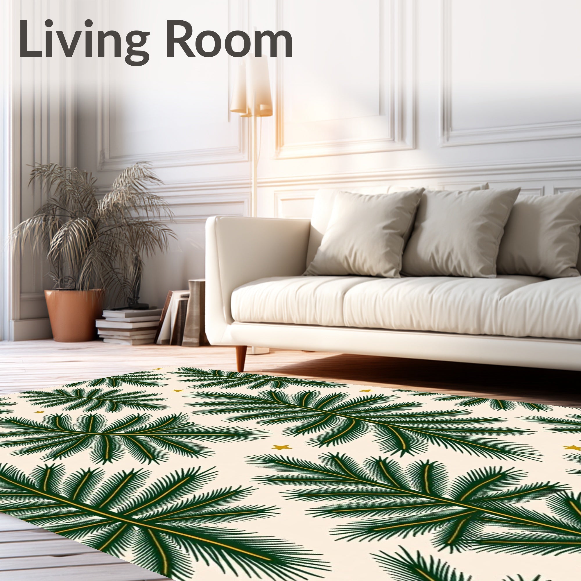 Green Pine Sprig And Gold Star Pattern Rug