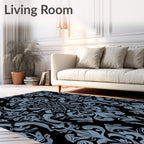 Classic Black Blue Damask Pattern Rug