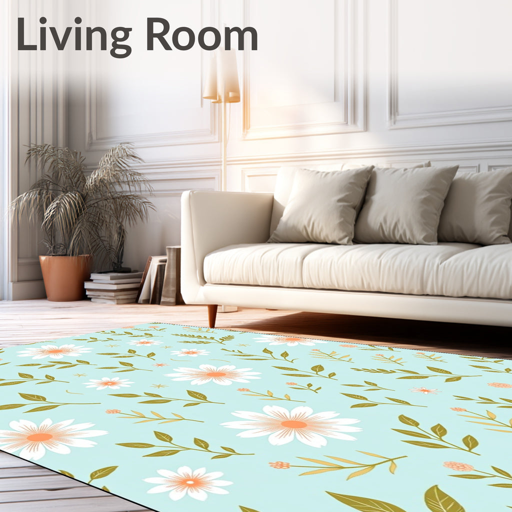 Delicate White Daisy And Leaf Pattern Rug