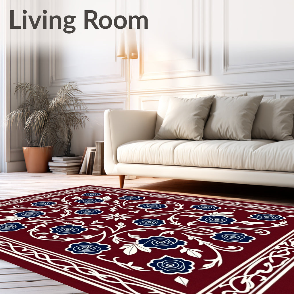 Deep Red Floral Vine Pattern Rug