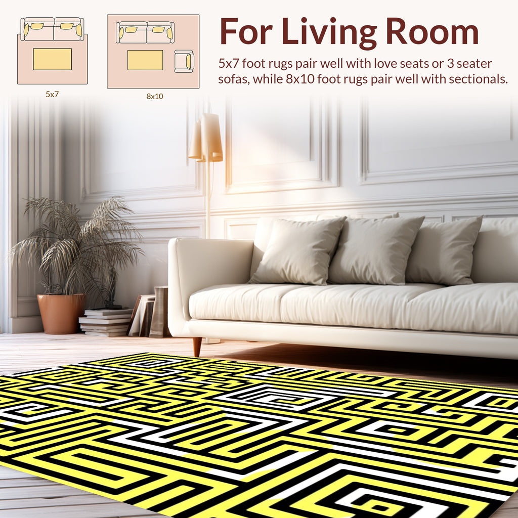 Abstract Yellow Black Maze Pattern Rug