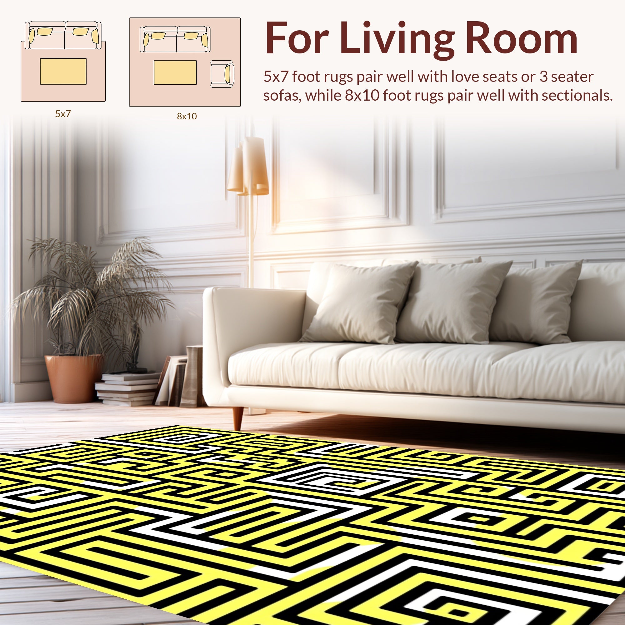 Abstract Yellow Black Maze Pattern Rug