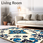 Ornate Blue Gold Floral Scrollwork Pattern Rug