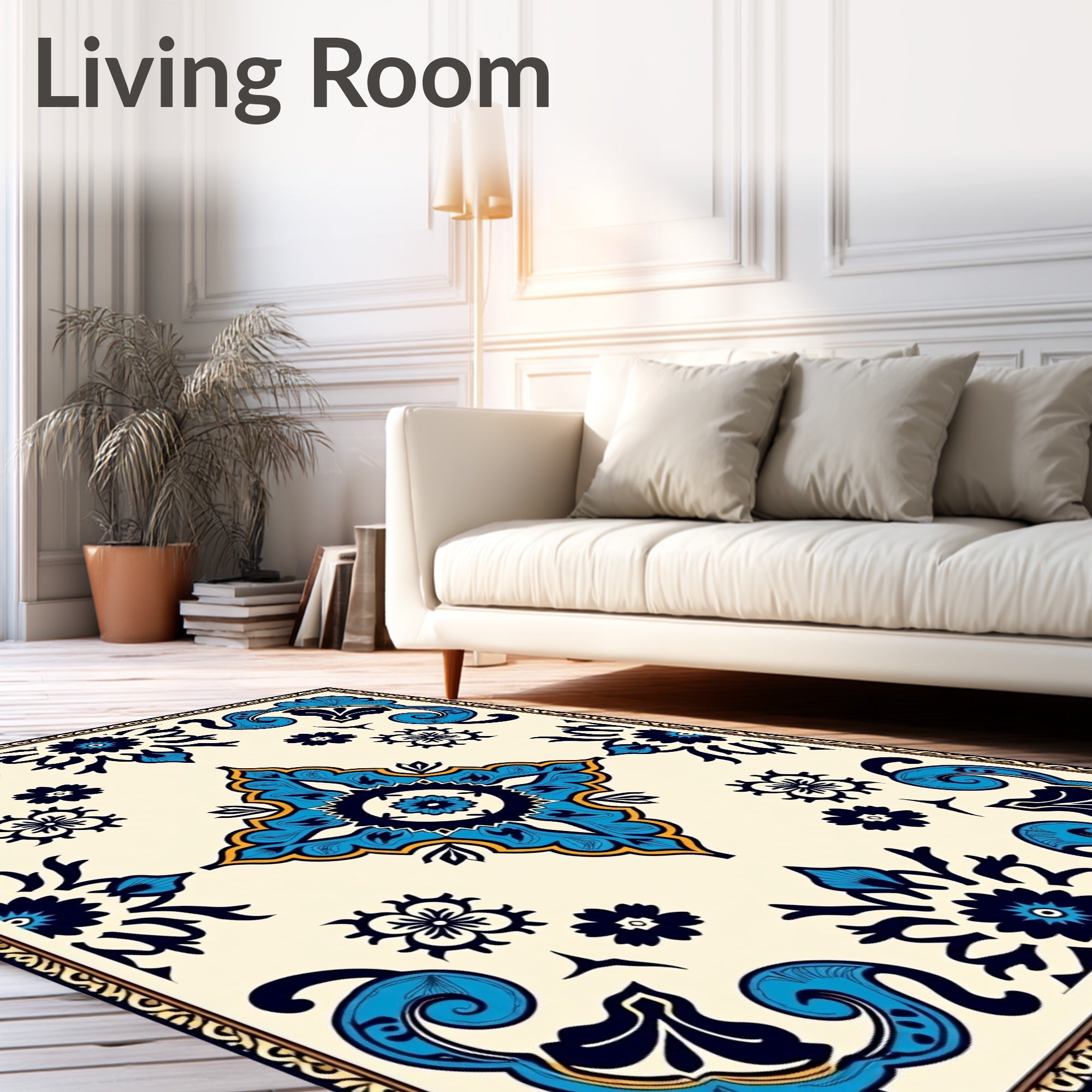 Ornate Blue Gold Floral Scrollwork Pattern Rug