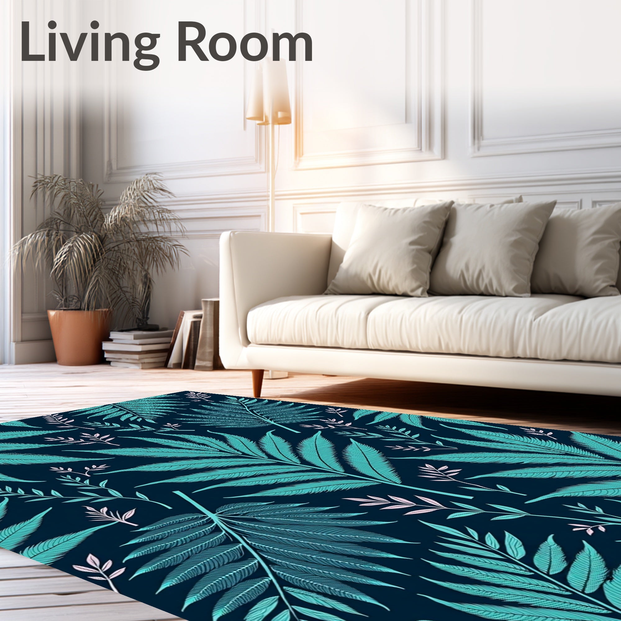Teal Fern Leaf Botanical Pattern Rug