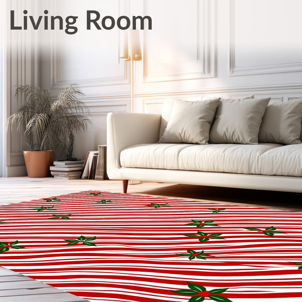 Red White Striped Holly Pattern Rug