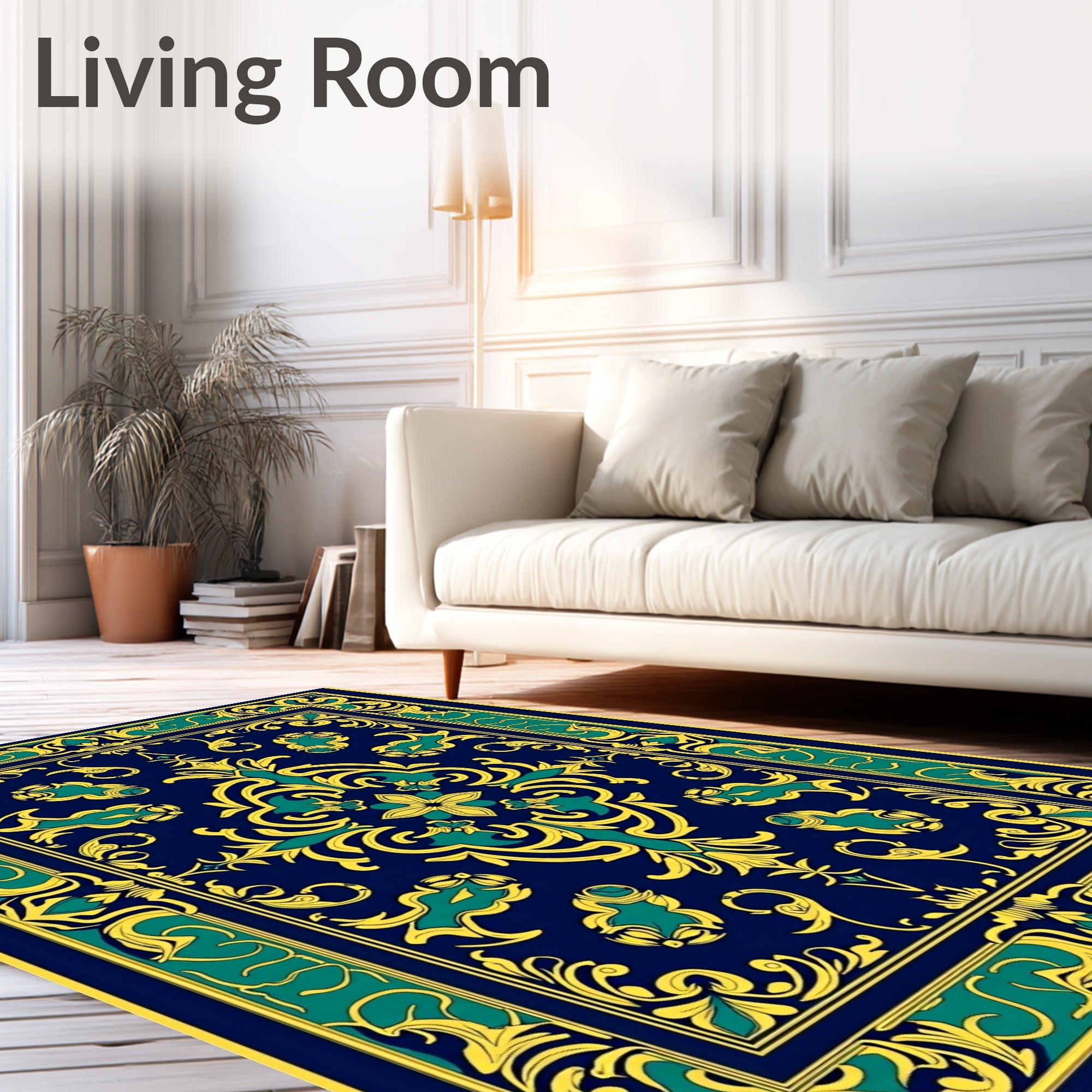 Deep Blue Golden Emerald Floral Medallion Rug