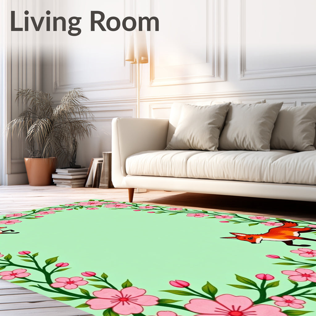 Playful Foxes Pink Blossoms Border Rug