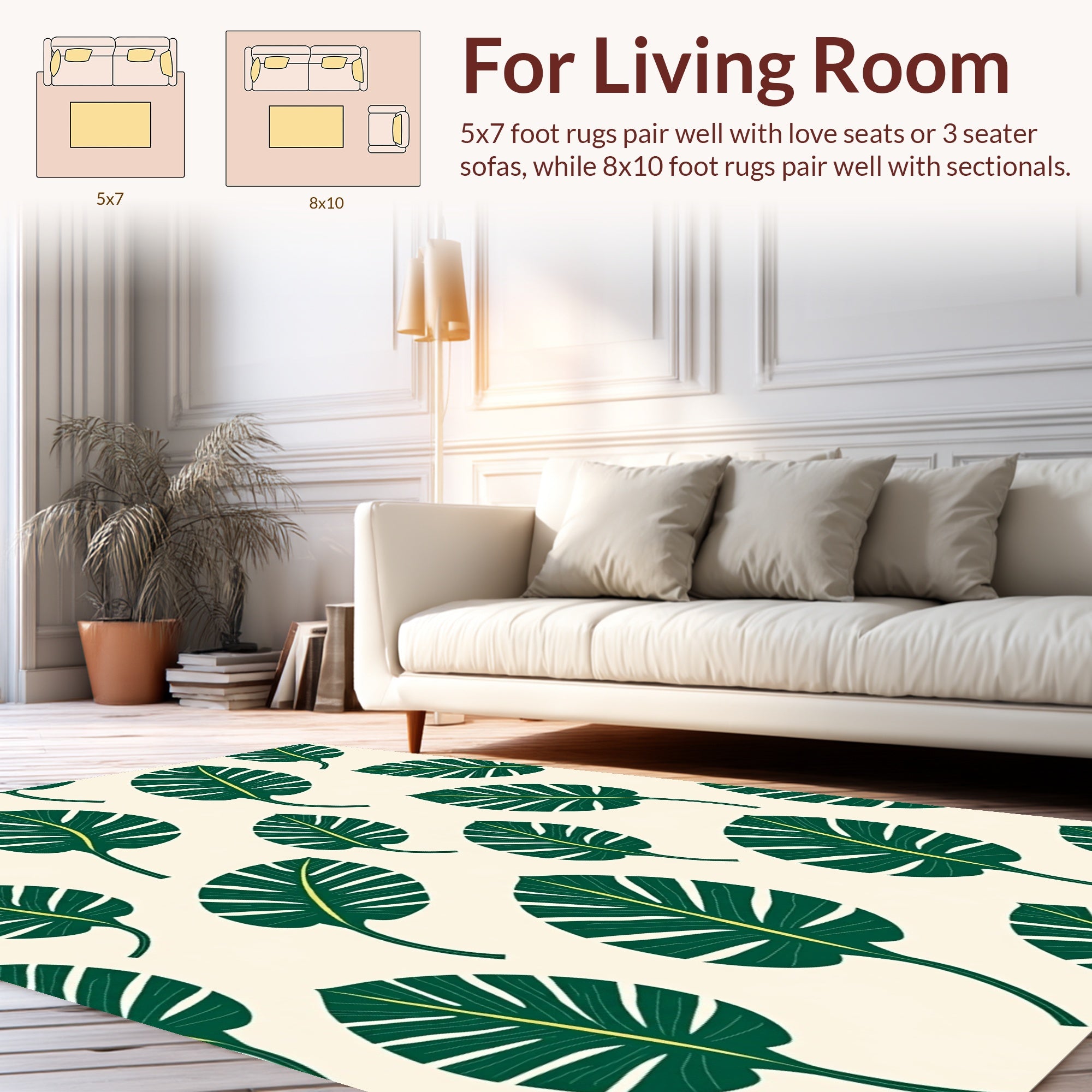 Dark Green Tropical Leaf Pattern Rug