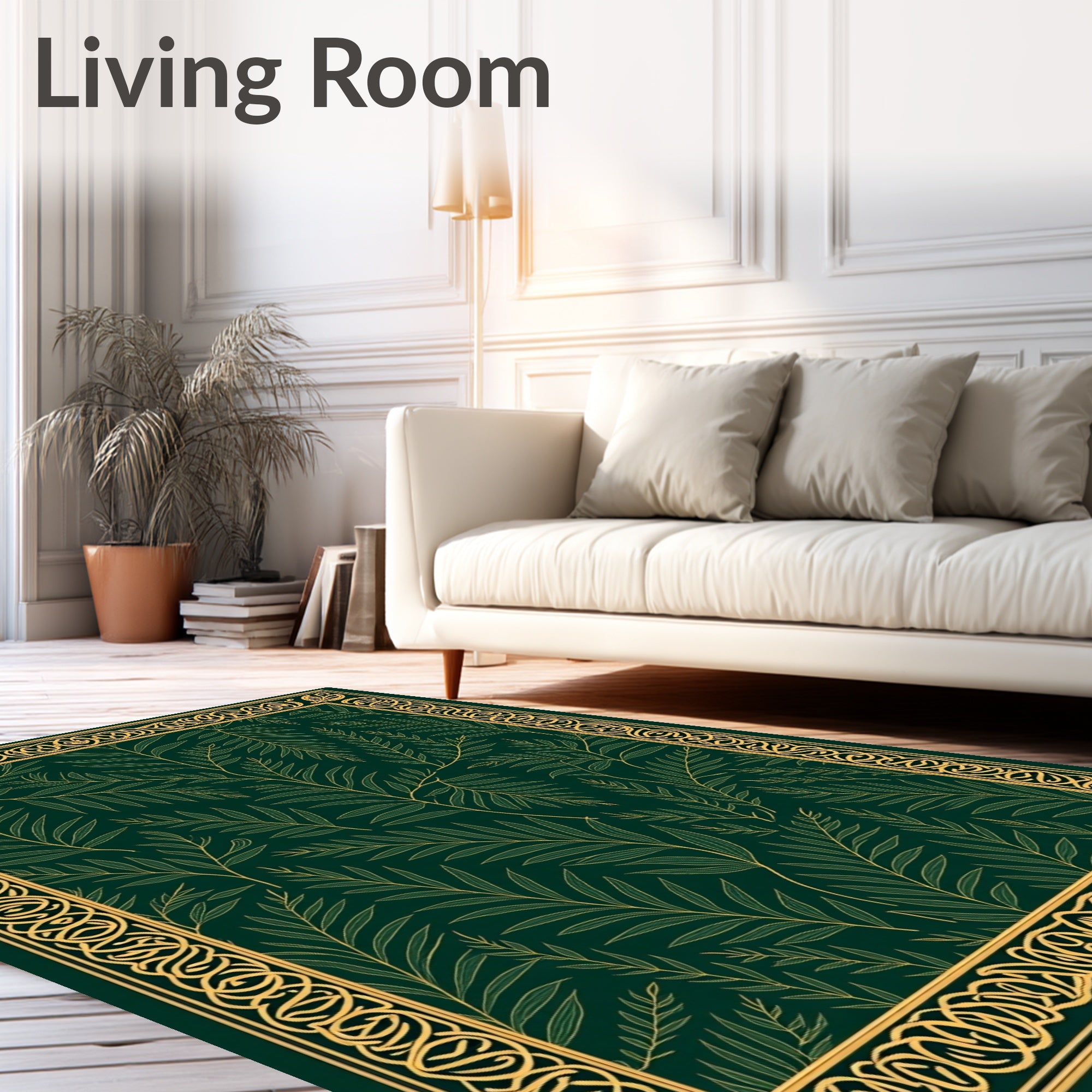 Green Gold Leaf Pattern Border Rug