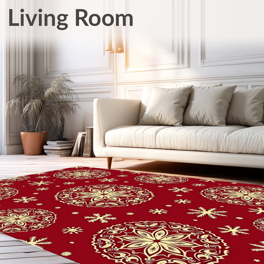 Red Gold Mandala Snowflake Pattern Rug