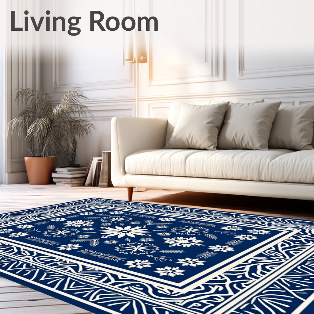 Navy White Snowflake Floral Pattern Rug
