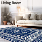Navy White Snowflake Floral Pattern Rug