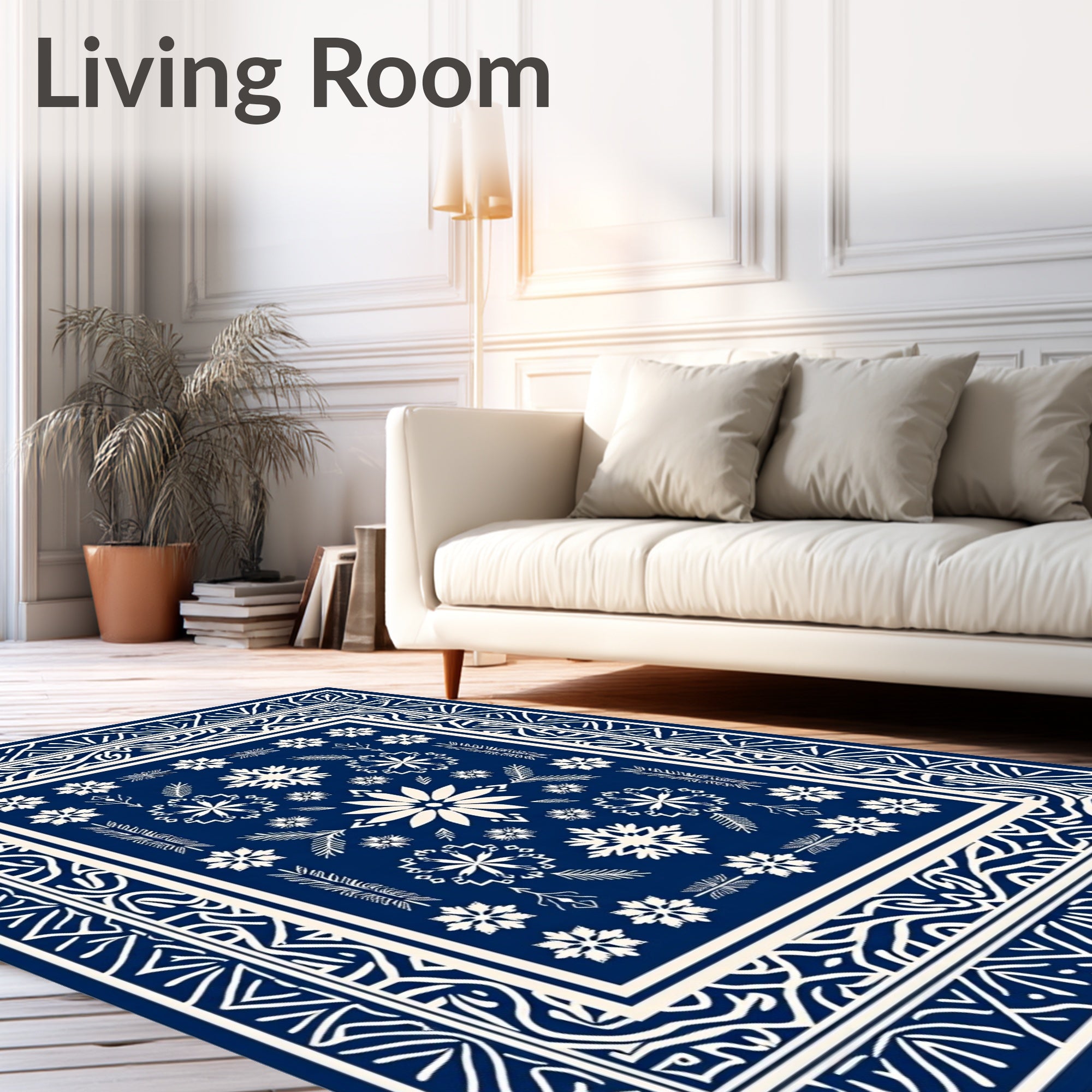 Navy White Snowflake Floral Pattern Rug