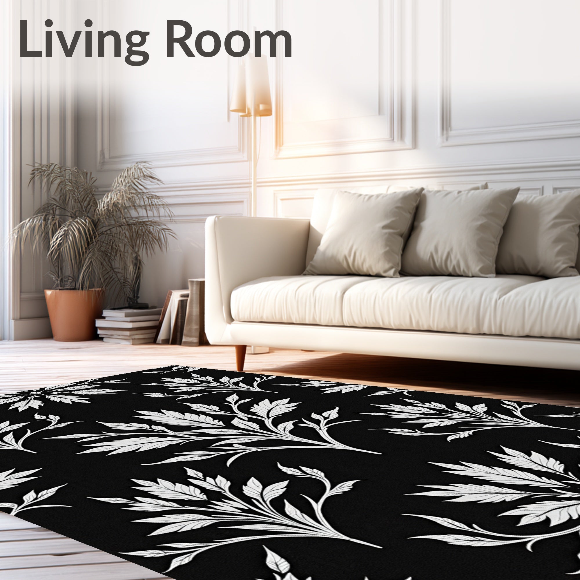 Elegant White Floral Black Pattern Rug