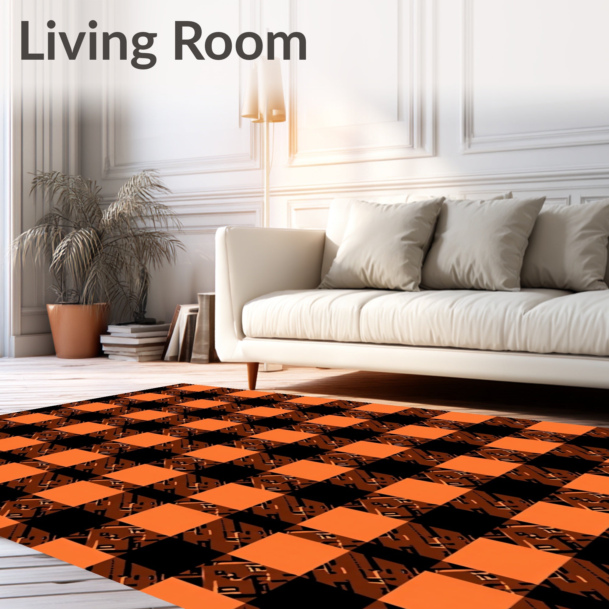 Checked Orange Black Abstract Print Rug