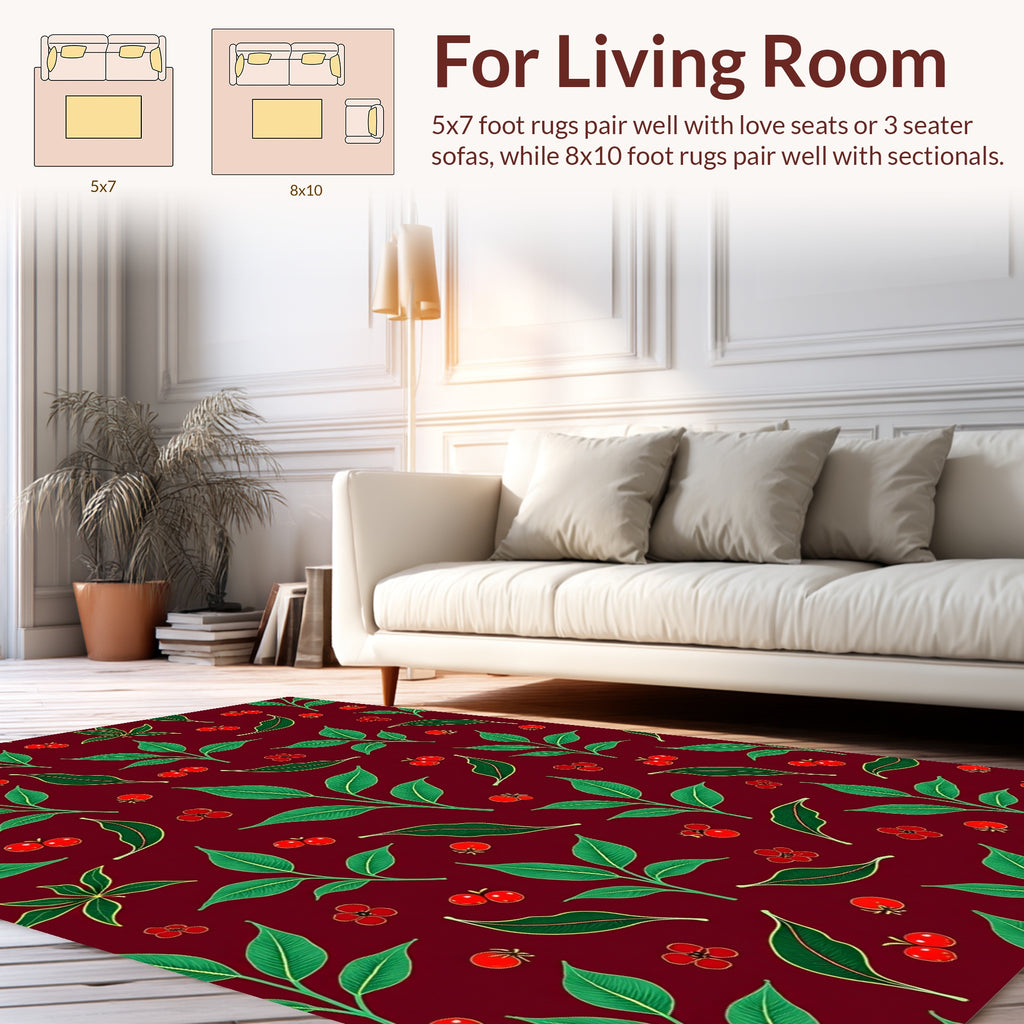 Deep Red Cherry Blossom Leaf Pattern Rug