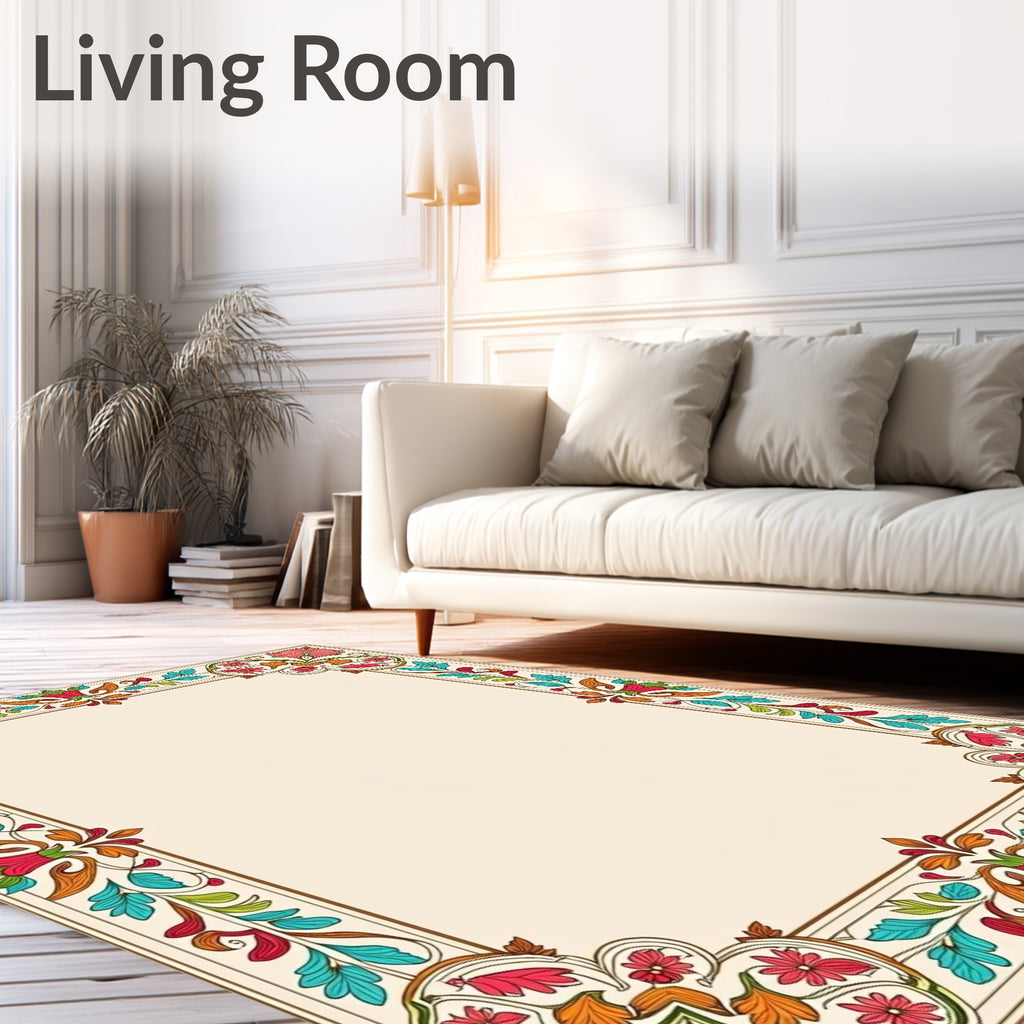 Vibrant Floral Scrollwork Border Design Rug