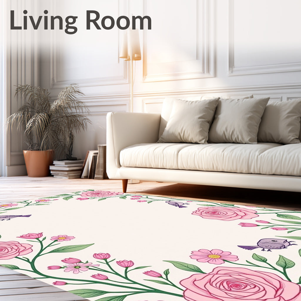 Pink Rose and Bird Garden Design Rug