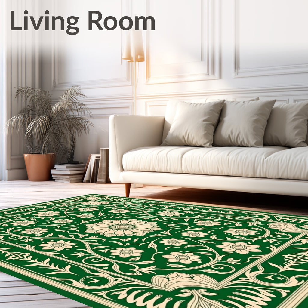 Elegant Green Floral Botanical Pattern Rug