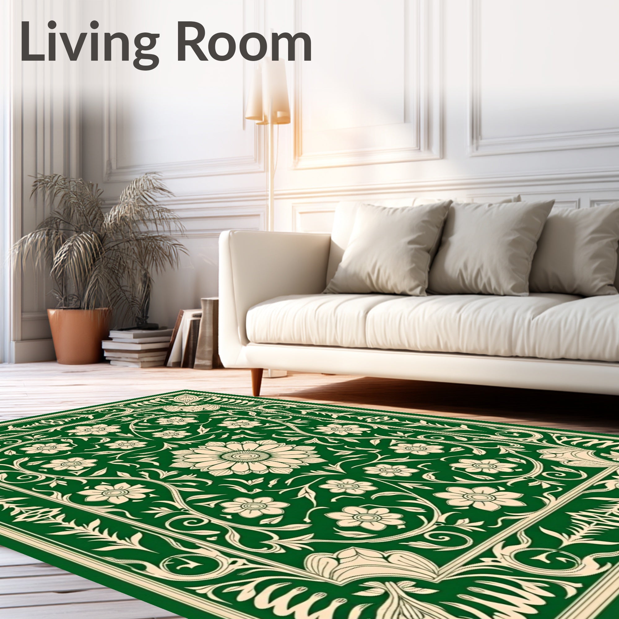 Elegant Green Floral Botanical Pattern Rug