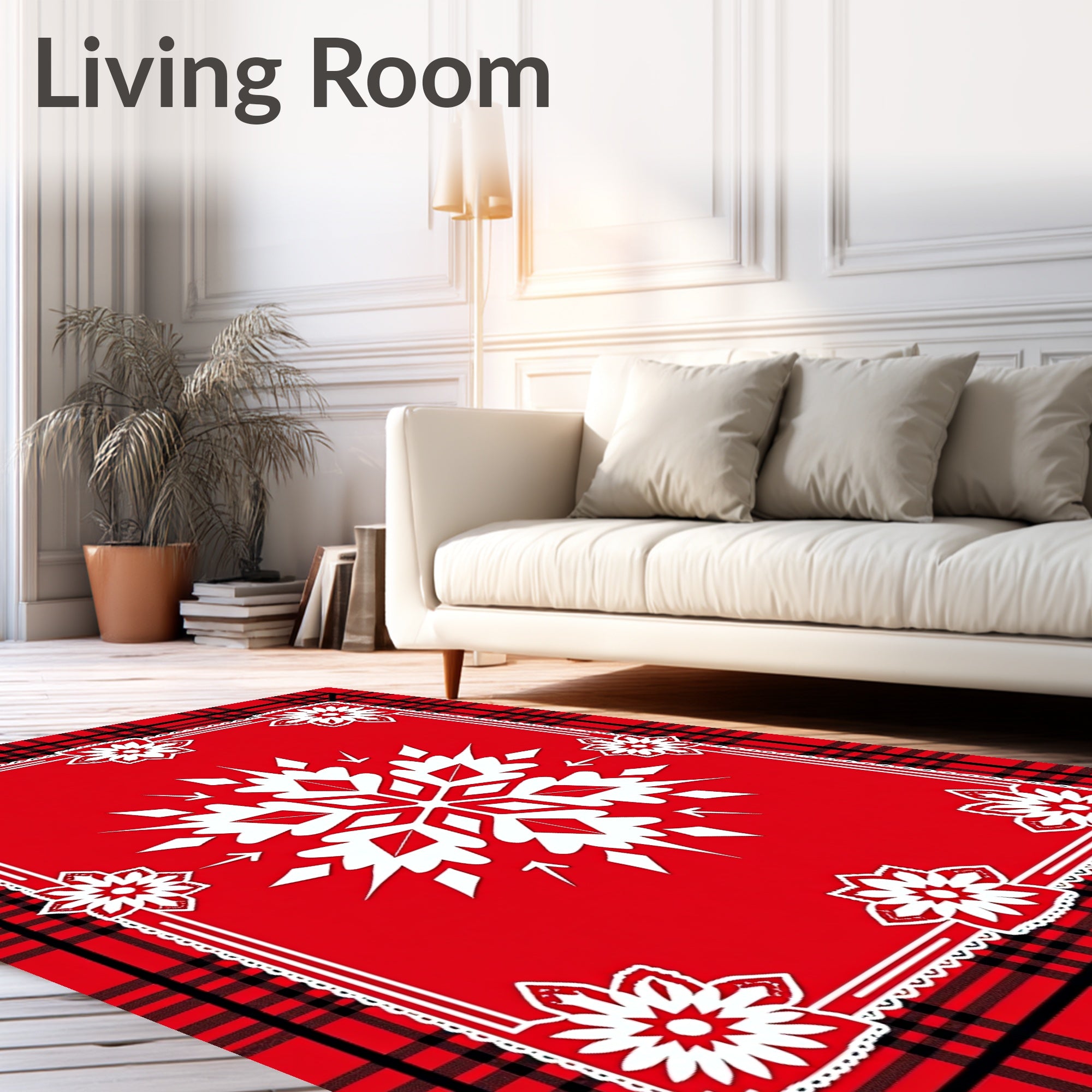 Red Plaid Snowflake Floral Design Rug