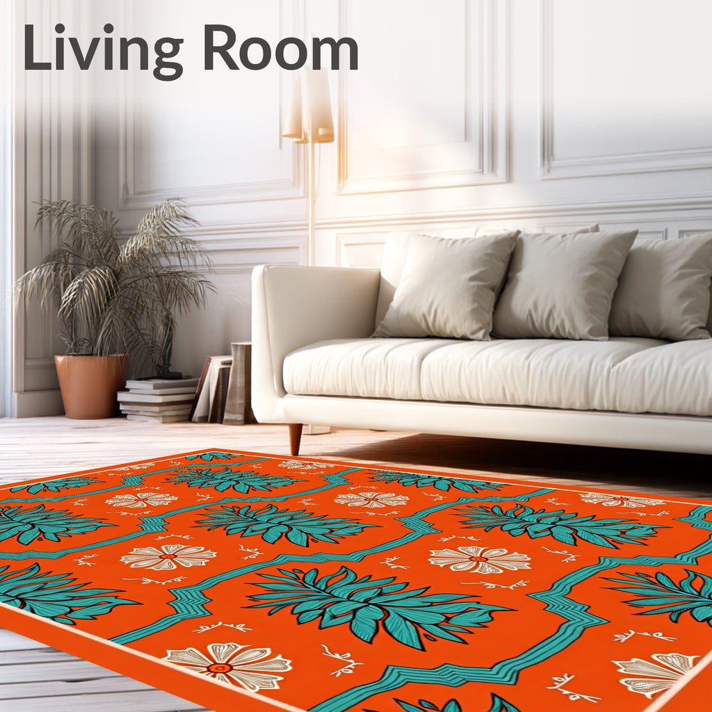 Vibrant Teal Orange Floral Pattern Rug