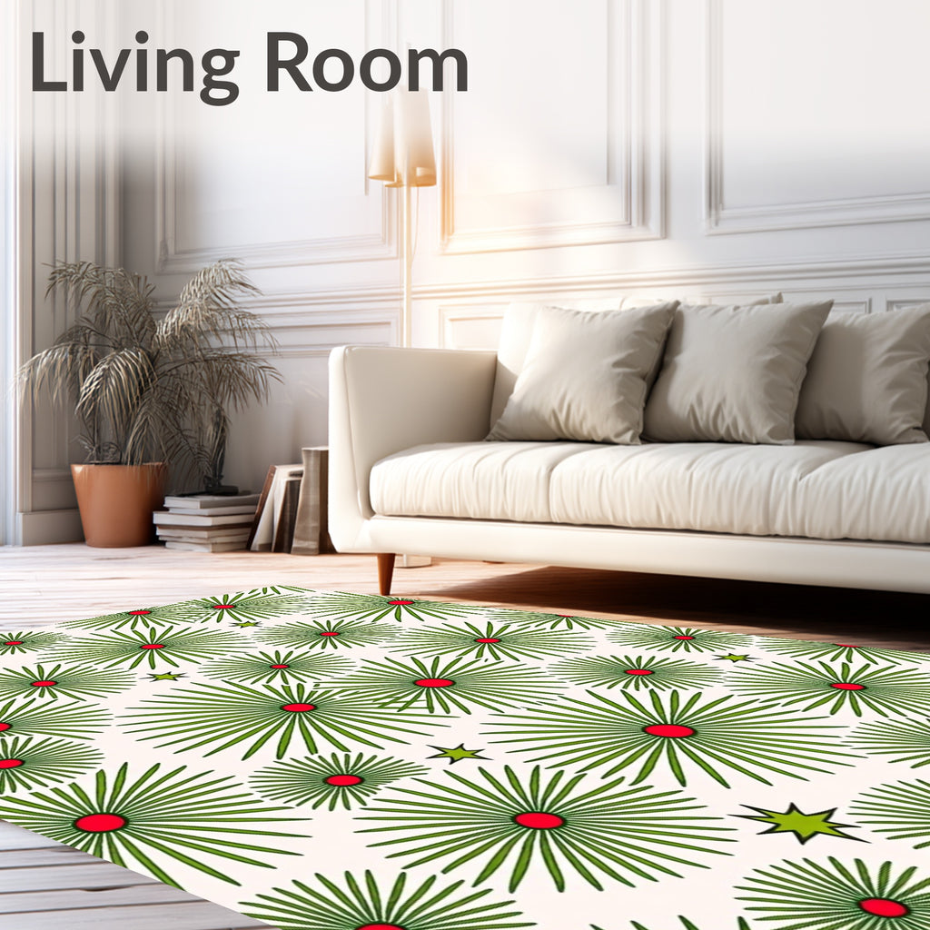 Green Sunburst Pattern With Red Centers Rug