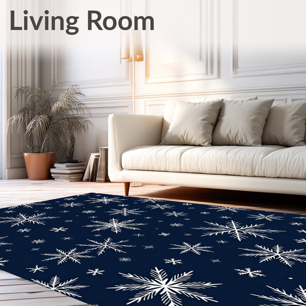 White Snowflake Pattern On Navy Background Rug