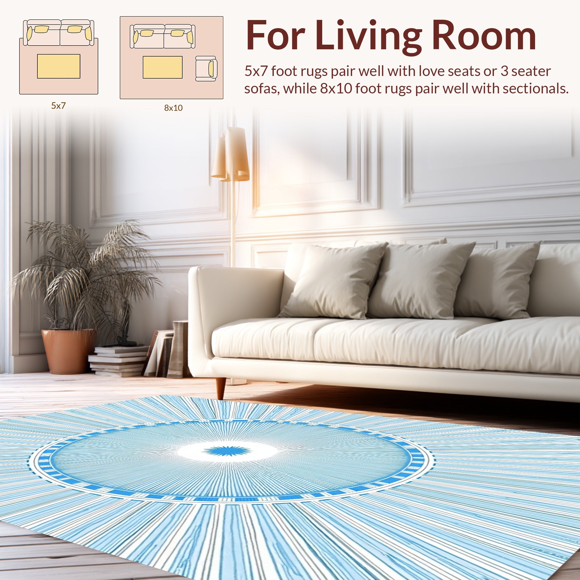 Radiating Blue Geometric Sunburst Pattern Rug