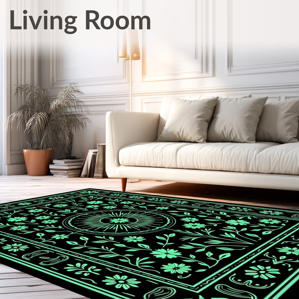 Mint Green Floral Vines Mandala Rug