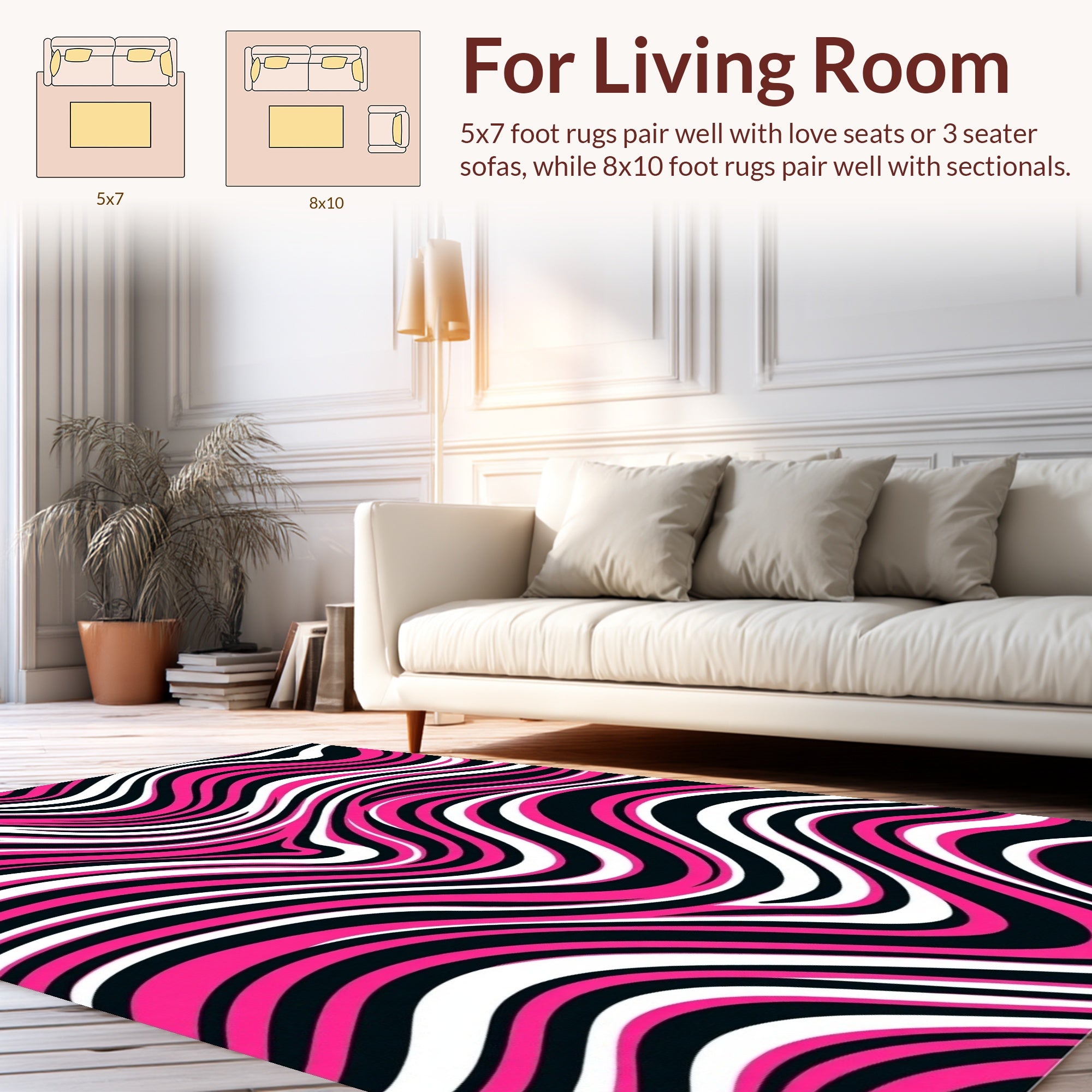 Pink Black White Wavy Pattern Rug